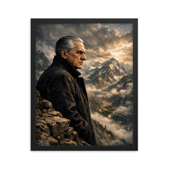 Julius Evola on mountain ledge severe profile framed print on a plain backdrop in size 16"x20".