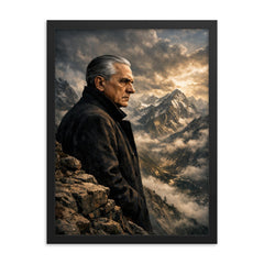 Julius Evola on mountain ledge severe profile framed print on a plain backdrop in size 18"x24".