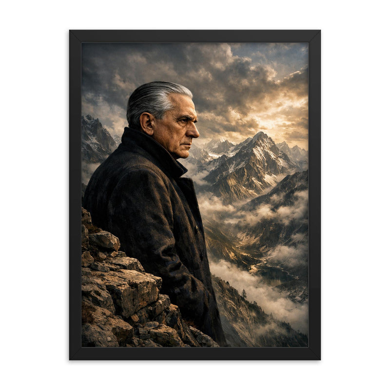Julius Evola on mountain ledge severe profile framed print on a plain backdrop in size 18