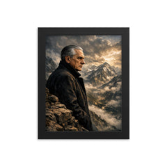 Julius Evola on mountain ledge severe profile framed print on a plain backdrop in size 8"x10".