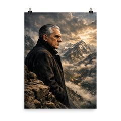 Julius Evola on mountain ledge severe profile poster on a plain backdrop in size 8"x10".