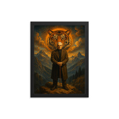 Julius Evola on mountain with tiger symbolism framed print on a plain backdrop in size 12"x16".