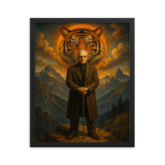 Julius Evola on mountain with tiger symbolism framed print on a plain backdrop in size 16"x20".