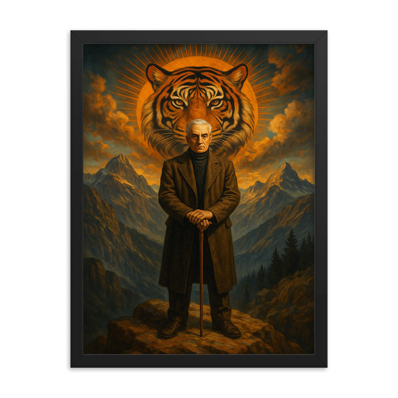 Julius Evola on mountain with tiger symbolism framed print on a plain backdrop in size 18