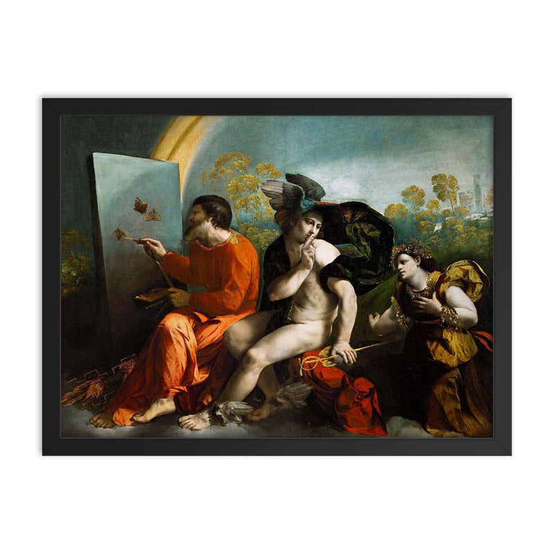 Jupiter, Mercury and Virtue Painting by Dosso Dossi framed print on a plain backdrop in size 18