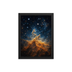 JWST Carina Nebula cosmic mountain of fire framed print on a plain backdrop in size 12"x16".