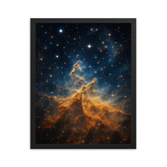 JWST Carina Nebula cosmic mountain of fire framed print on a plain backdrop in size 16"x20".