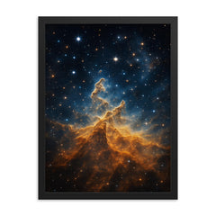 JWST Carina Nebula cosmic mountain of fire framed print on a plain backdrop in size 18"x24".