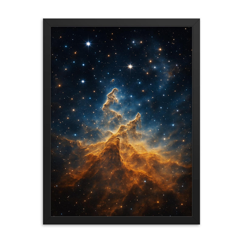 JWST Carina Nebula cosmic mountain of fire framed print on a plain backdrop in size 18