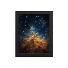 JWST Carina Nebula cosmic mountain of fire framed print on a plain backdrop in size 8"x10".