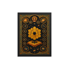 JWST deep field rendered as cosmic iconostasis framed print on a plain backdrop in size 12"x16".