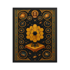 JWST deep field rendered as cosmic iconostasis framed print on a plain backdrop in size 16"x20".