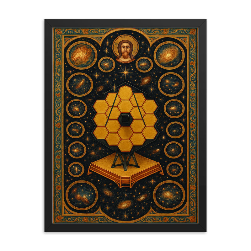 JWST deep field rendered as cosmic iconostasis framed print on a plain backdrop in size 18