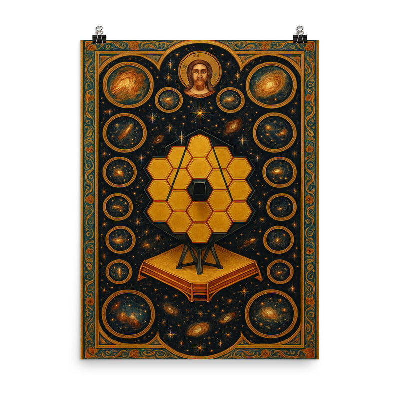 JWST deep field rendered as cosmic iconostasis poster on a plain backdrop in size 8