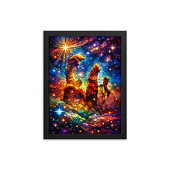 JWST Pillars of Creation in stained glass color framed print on a plain backdrop in size 12"x16".