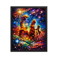 JWST Pillars of Creation in stained glass color framed print on a plain backdrop in size 16"x20".