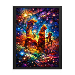 JWST Pillars of Creation in stained glass color framed print on a plain backdrop in size 18"x24".