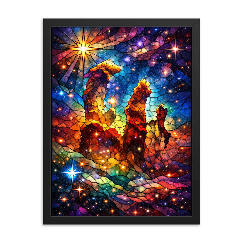JWST Pillars of Creation in stained glass color framed print on a plain backdrop in size 18