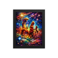 JWST Pillars of Creation in stained glass color framed print on a plain backdrop in size 8"x10".
