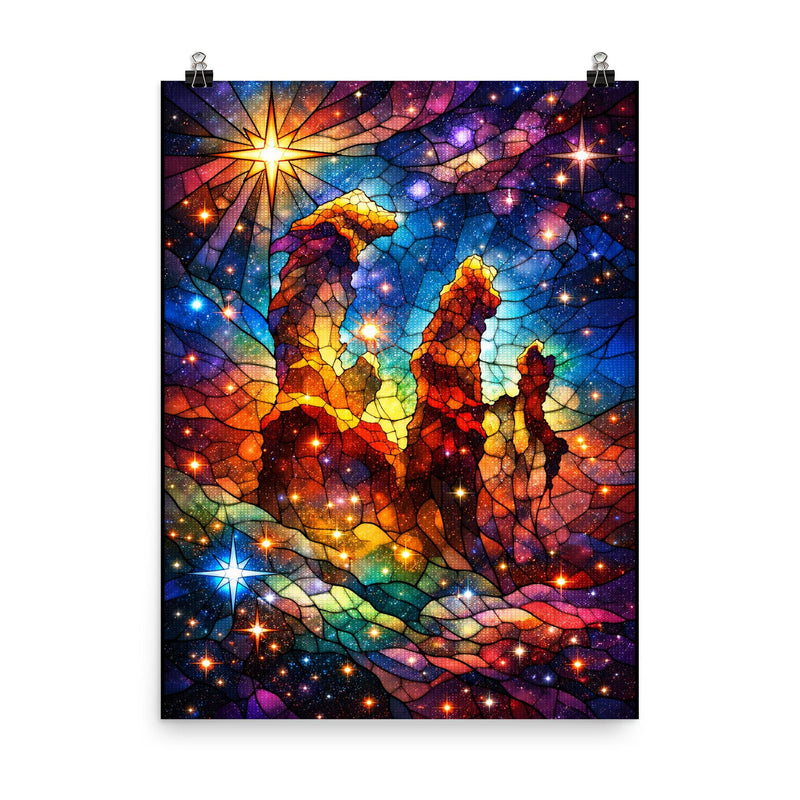 JWST Pillars of Creation in stained glass color poster on a plain backdrop in size 8
