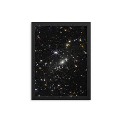 JWST SMACS 0723 First Deep Field 2022 framed print on a plain backdrop in size 12"x16".