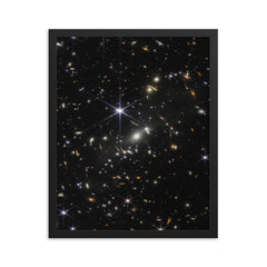 JWST SMACS 0723 First Deep Field 2022 framed print on a plain backdrop in size 16"x20".