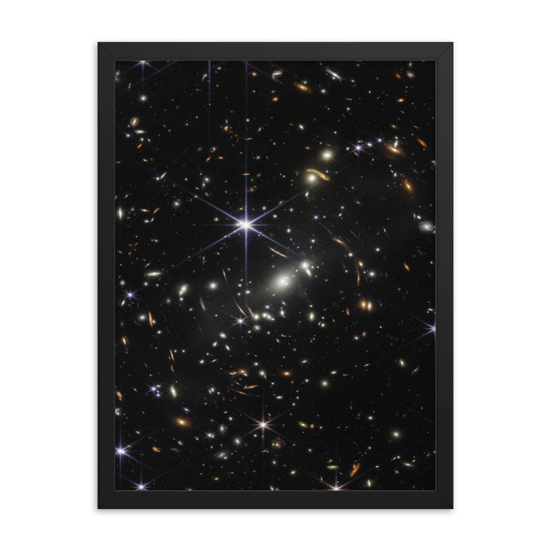 JWST SMACS 0723 First Deep Field 2022 framed print on a plain backdrop in size 18