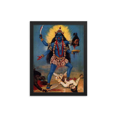 Kali Trampling Shiva by Raja Ravi Varma framed print on a plain backdrop in size 12"x16".