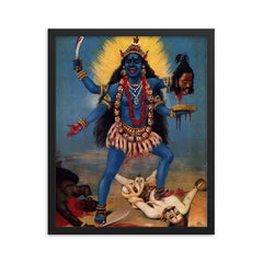 Kali Trampling Shiva by Raja Ravi Varma framed print on a plain backdrop in size 16"x20".