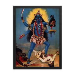 Kali Trampling Shiva by Raja Ravi Varma framed print on a plain backdrop in size 18"x24".