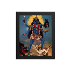 Kali Trampling Shiva by Raja Ravi Varma framed print on a plain backdrop in size 8"x10".