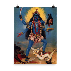 Kali Trampling Shiva by Raja Ravi Varma poster on a plain backdrop in size 8"x10".