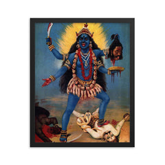 Kali Trampling Shiva by Raja Ravi Varma, 1900 framed print on a plain backdrop in size 16"x20".