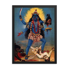 Kali Trampling Shiva by Raja Ravi Varma, 1900 framed print on a plain backdrop in size 18"x24".