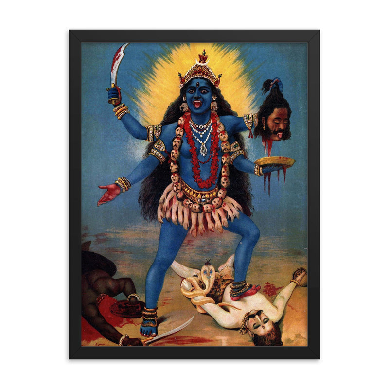 Kali Trampling Shiva by Raja Ravi Varma, 1900 framed print on a plain backdrop in size 18