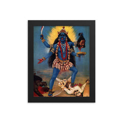 Kali Trampling Shiva by Raja Ravi Varma, 1900 framed print on a plain backdrop in size 8"x10".