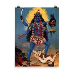 Kali Trampling Shiva by Raja Ravi Varma, 1900 poster on a plain backdrop in size 8"x10".