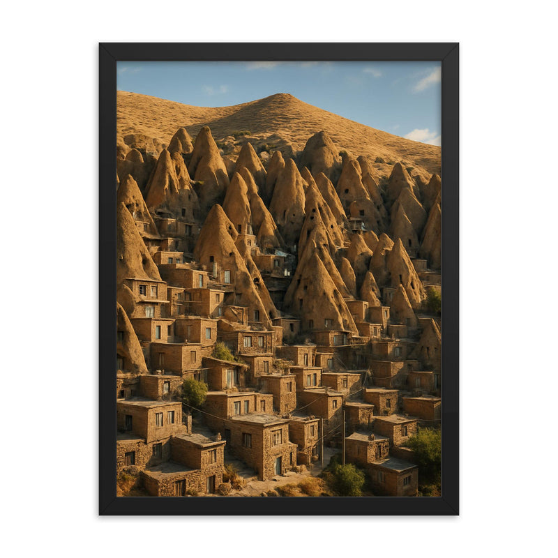 Kandovan Rock Village Iran framed print on a plain backdrop in size 18