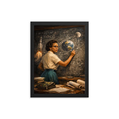 Katherine Johnson calculating trajectories with chalk precision framed print on a plain backdrop in size 12"x16".