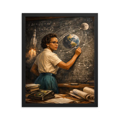 Katherine Johnson calculating trajectories with chalk precision framed print on a plain backdrop in size 16"x20".