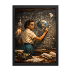 Katherine Johnson calculating trajectories with chalk precision framed print on a plain backdrop in size 18"x24".