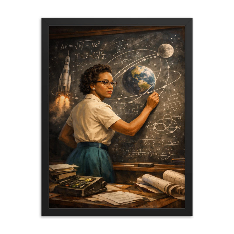 Katherine Johnson calculating trajectories with chalk precision framed print on a plain backdrop in size 18