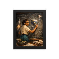 Katherine Johnson calculating trajectories with chalk precision framed print on a plain backdrop in size 8"x10".