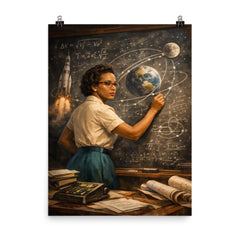 Katherine Johnson calculating trajectories with chalk precision poster on a plain backdrop in size 8"x10".