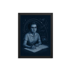 Katherine Johnson orbital calculations in midnight blue framed print on a plain backdrop in size 12"x16".
