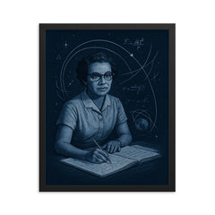 Katherine Johnson orbital calculations in midnight blue framed print on a plain backdrop in size 16"x20".