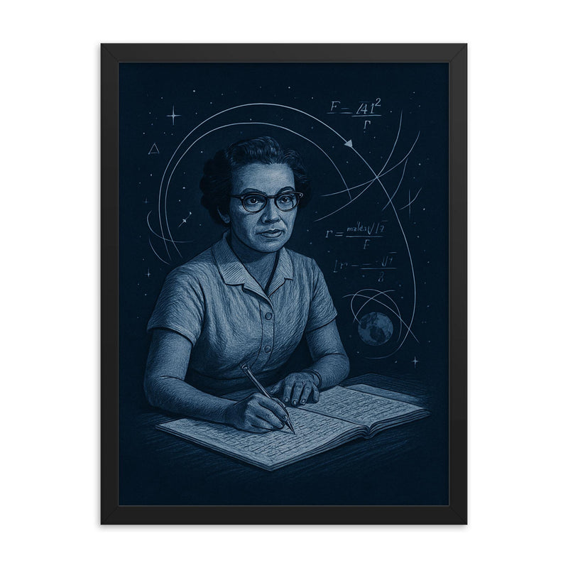 Katherine Johnson orbital calculations in midnight blue framed print on a plain backdrop in size 18