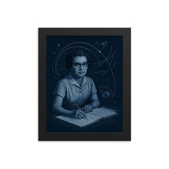 Katherine Johnson orbital calculations in midnight blue framed print on a plain backdrop in size 8"x10".