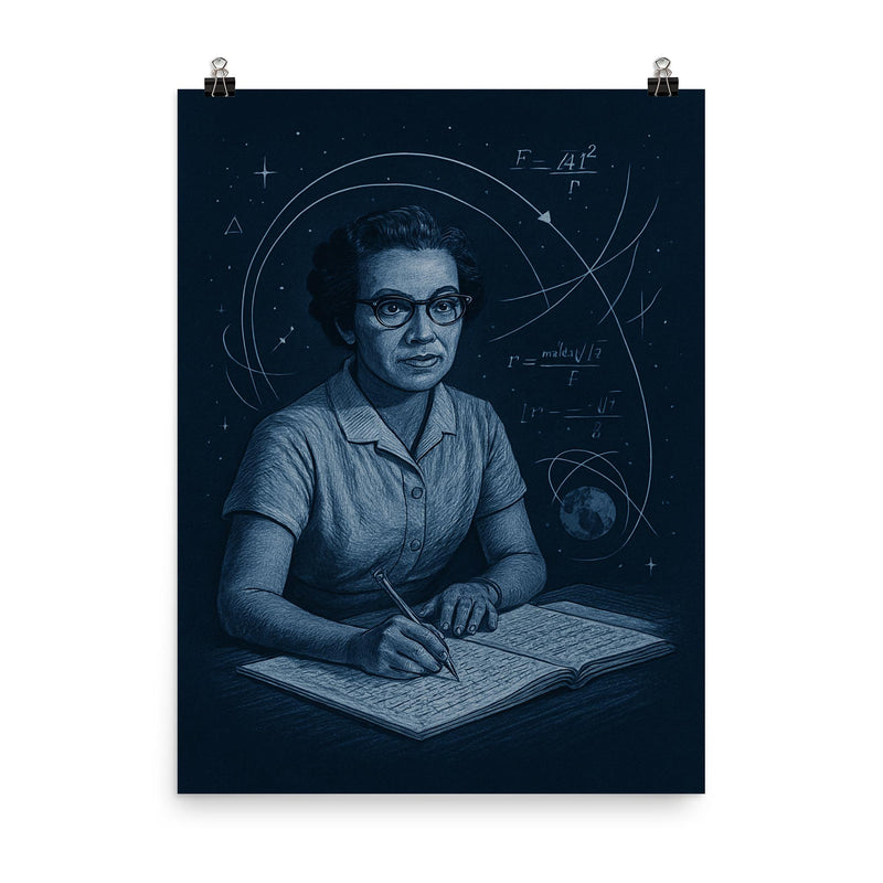 Katherine Johnson orbital calculations in midnight blue poster on a plain backdrop in size 8