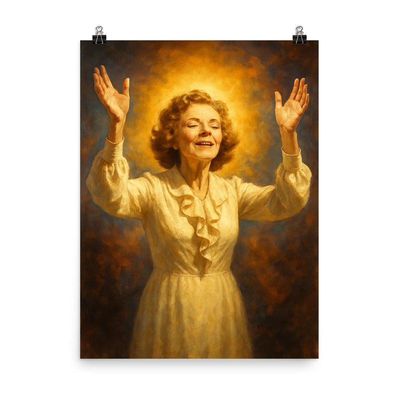 Kathryn Kuhlman poster on a plain backdrop in size 8